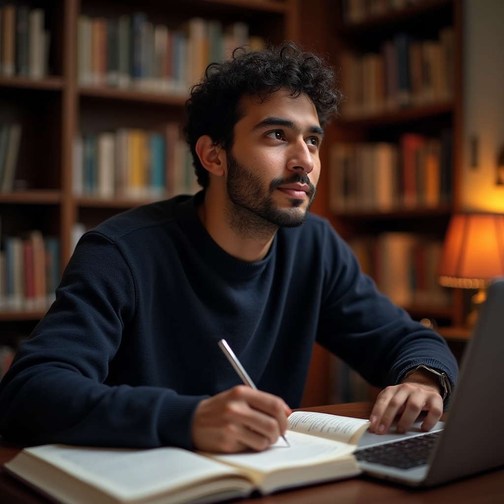 Studente che consulta un glossario economico in biblioteca moderna
