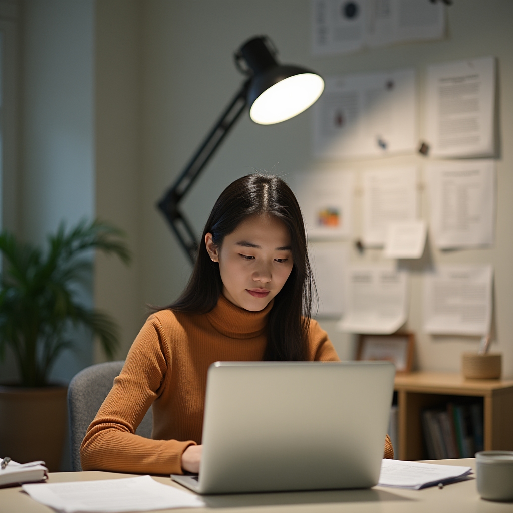 Giornalista che scrive contenuti finanziari educativi su laptop in studio moderno