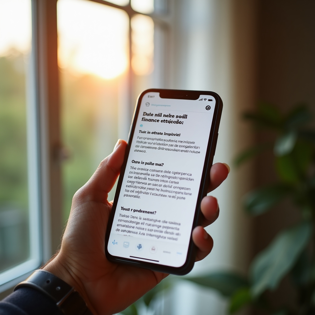 Mano che tiene smartphone con email newsletter aperta in ambiente luminoso