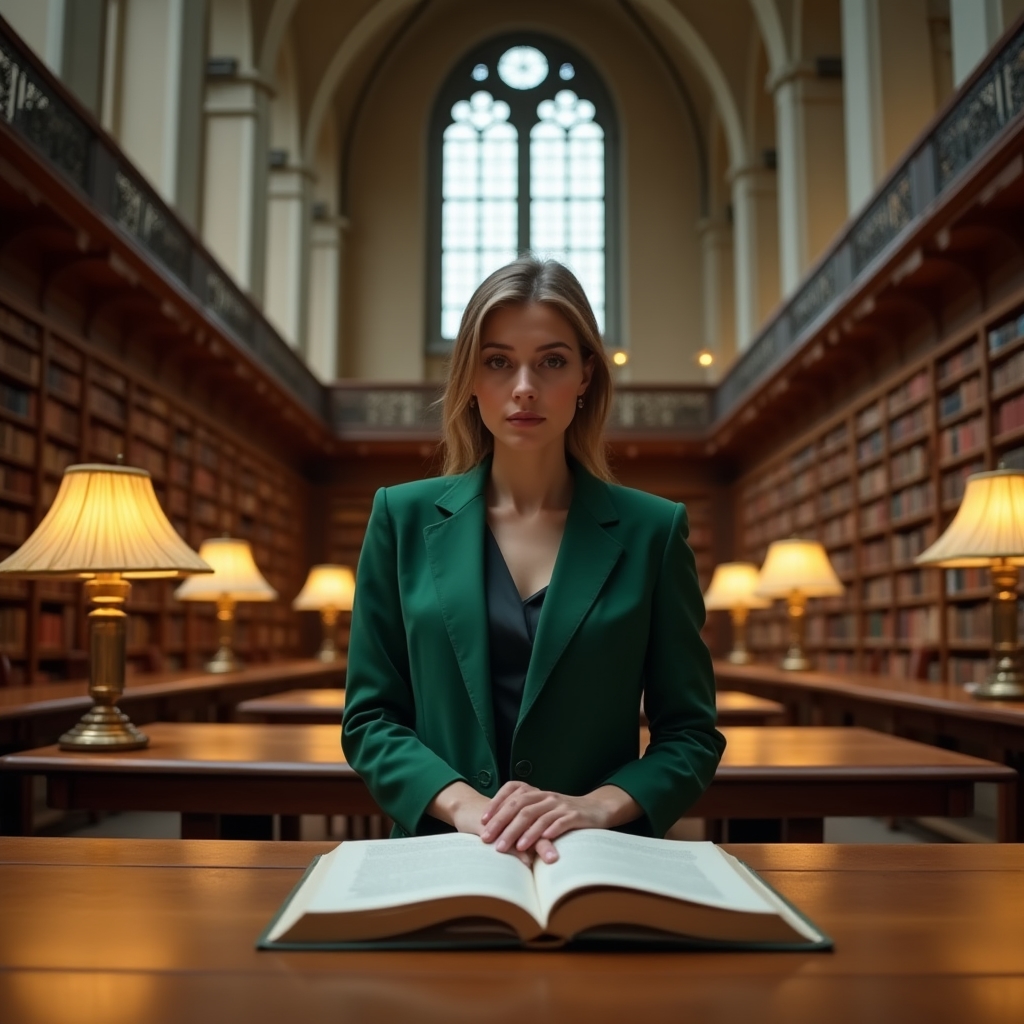 Biblioteca accademica con libri di economia e finanza, luce naturale che filtra dalle finestre
